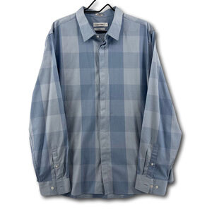 Clavin Klein Men's Light Blue Plaid Button Down Shirt XL Slim Fit 100% Cotton